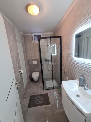 a bathroom with a shower and a toilet and a sink at Apartments Krešan in Sukošan