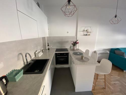 une cuisine avec des armoires blanches et un évier dans l'établissement Harmony Suite, à Trebinje