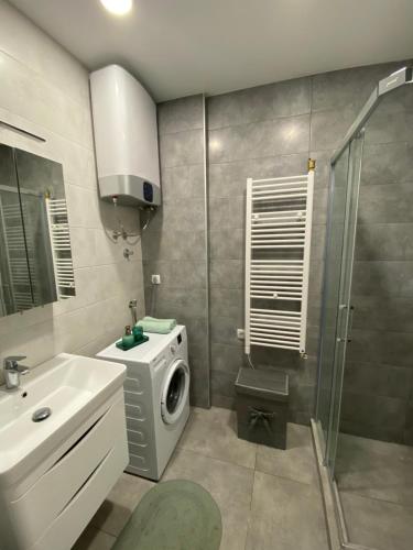 La salle de bains est pourvue d'un lave-linge et d'un lavabo. dans l'établissement Harmony Suite, à Trebinje