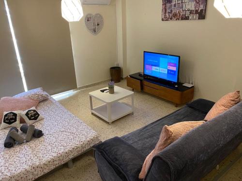 een woonkamer met een bank en een flatscreen-tv bij Comfort Apartment in Larnaka