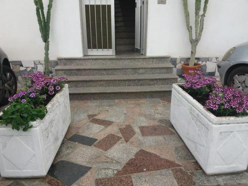 two planters with purple flowers in them in front of a house at Appartamento vicino al mare in Giardini Naxos