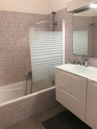 uma casa de banho com um lavatório, uma banheira e um espelho. em Grand studio route des sanguinaires vue mer panoramique em Ajaccio
