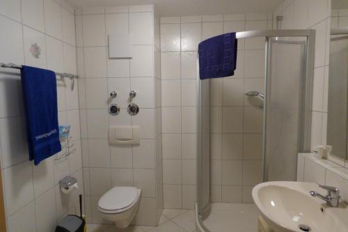 een badkamer met een douche, een toilet en een wastafel bij Gästewohnung nähe Messe/Flughafen in Filderstadt