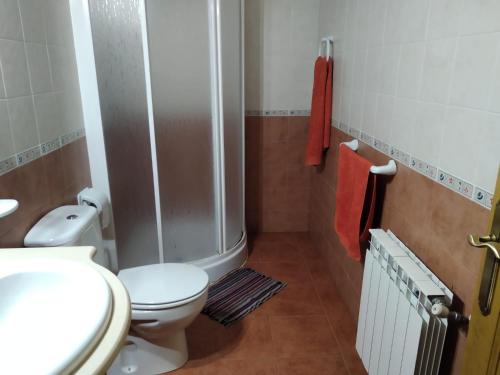 Un pequeño baño con inodoro y ducha. en El Ventorrillo 2, en Riópar