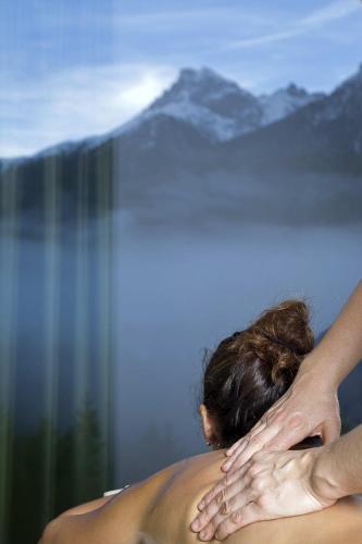 a person bathing a dog in a body of water at Hotel Arnica Scuol - Adults Only in Scuol