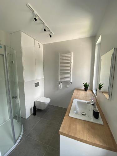 a white bathroom with a sink and a toilet at Apartament Meralia in Augustów