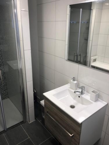 een badkamer met een wastafel en een douche met een spiegel bij Mobile Home Relax in Pirovac