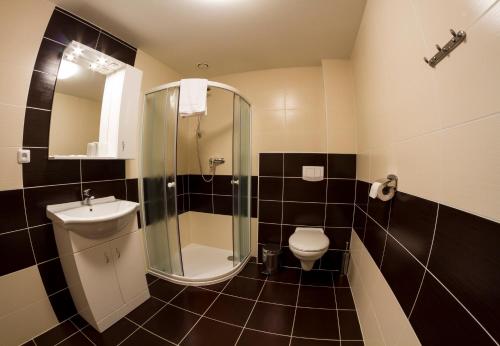 a bathroom with a shower and a toilet and a sink at Sport Hotel České Budějovice in České Budějovice