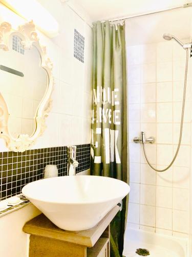 a bathroom with a sink and a shower at Hôtel Paul Riquet in Béziers