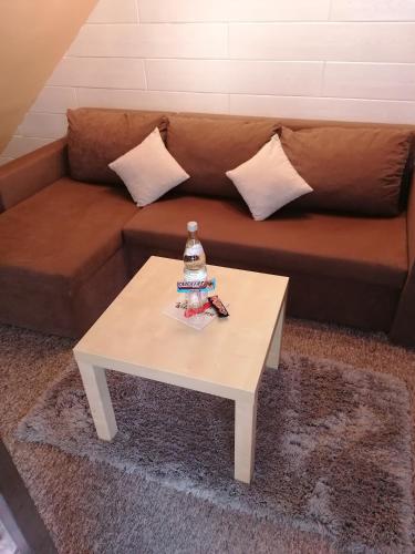 a brown couch with a white coffee table at Pension Riverside in Leverkusen Hitdorf am Rhein - Zentral an der A1 und 59 in Leverkusen