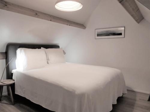 1 dormitorio con 1 cama blanca grande con lámpara en Wadnhûs, en Kollum