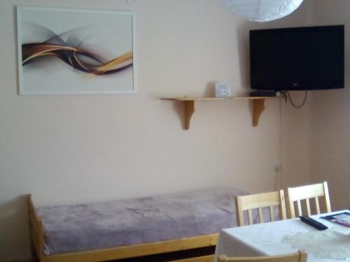 a room with a bed and a table and a tv at Csilla Apartman in Makó