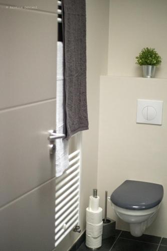 La salle de bains est pourvue de toilettes bleues et d'une serviette. dans l'établissement Maison à 800m de la plage, à Saint-Lunaire