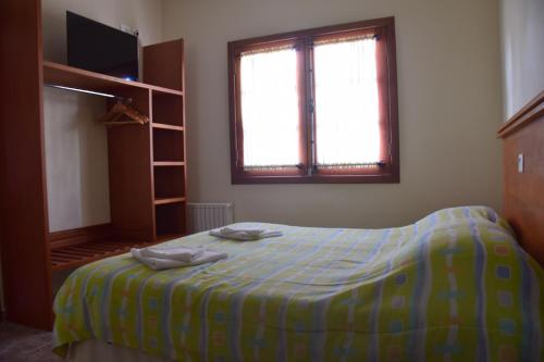 a bedroom with a bed and a tv and two windows at Pousada Campos do Jordão in Campos do Jordão