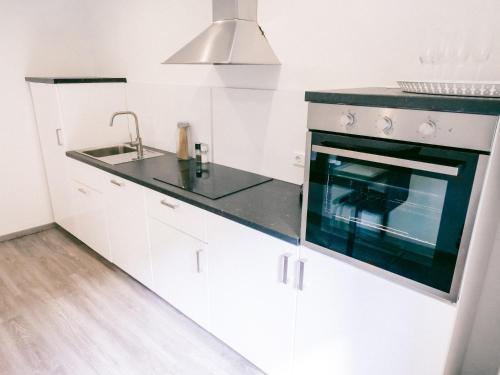 a white kitchen with a sink and a stove at Klärchen's Stube in Telgte