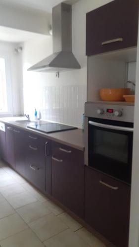 a kitchen with brown cabinets and a stove top oven at Hôtel du Lac in Treignac