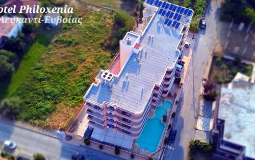 an overhead view of a building with a swimming pool at Philoxenia Hotel in Lefkandi Chalkidas