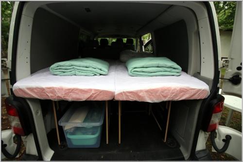 dos camas en la parte trasera de una furgoneta en WOMO Campmix direkt am Strand, en Dranske