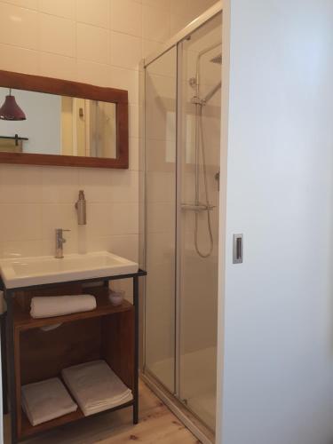 un bagno con lavandino e doccia di Cork Train Station Guesthouse a Esmoriz