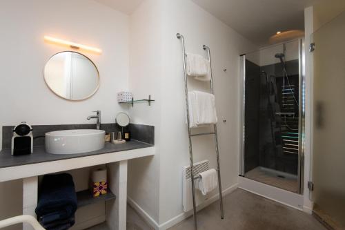 une salle de bain avec un lavabo, un miroir et une douche dans l'établissement Le Jas du Boeuf, à Cruis
