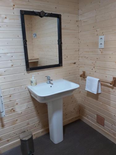 a bathroom with a sink and a mirror at La Casa de Polito in Los Navalucillos