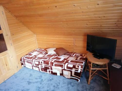 a small room with a bed and a television at Penzión U Krbu in Habovka