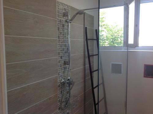 eine Dusche im Bad mit Glaswand in der Unterkunft Suite sur la mer Marseille Corniche in Marseille