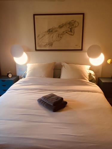 - un lit blanc avec deux lumières au-dessus dans l'établissement Le Rez de Jardin, à Illkirch-Graffenstaden