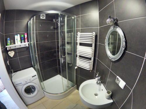 a bathroom with a shower and a toilet and a sink at Apartamenty Apartlux in Poznań