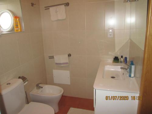 ein Badezimmer mit einem weißen WC und einem Waschbecken in der Unterkunft Pêssego - AL in Arouca