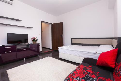 ブルガスにあるCentral Beach GUEST ROOMSのベッドルーム(ベッド1台、テレビ、ソファ付)