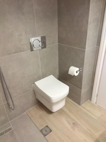 a bathroom with a toilet and a roll of toilet paper at Ariadni Rooms & Apartments in Ermoupoli