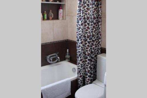 łazienka z toaletą i zasłoną prysznicową w obiekcie Marys Art and Cultural House 100meters from the beach w miejscowości Amoudara