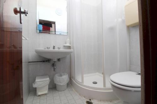 ein Bad mit einem WC, einem Waschbecken und einer Dusche in der Unterkunft Hotel Abbondanza in Gatteo a Mare