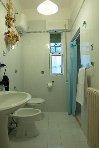 a bathroom with a sink and a toilet and a window at La Villa di Anglani in Carovigno