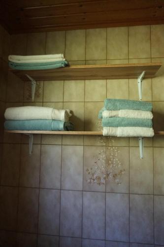 a shelf with towels on it in a bathroom at Berghaus Alberta in Michelsberg