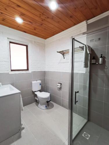 a bathroom with a toilet and a glass shower at Hunter Habit Cottages in Rothbury