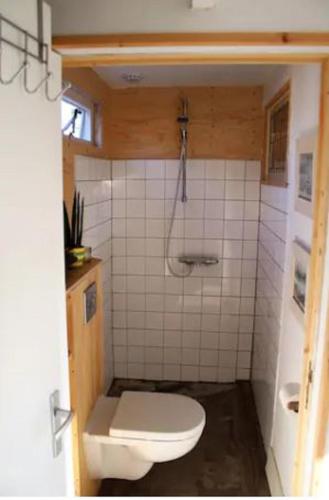 a bathroom with a toilet and a tiled wall at Have a nice stay! - Beach Cottage free parking in Noordwijk aan Zee
