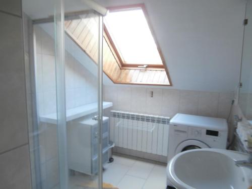 a bathroom with a skylight and a toilet and a sink at schöne Wohnung für 1-4 Gäste in Ostfildern