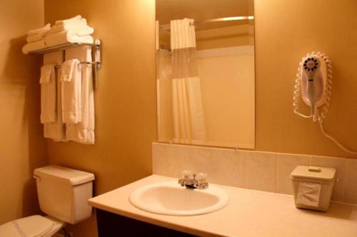 a bathroom with a sink and a toilet and a phone at Acorn Motel in Grande Cache