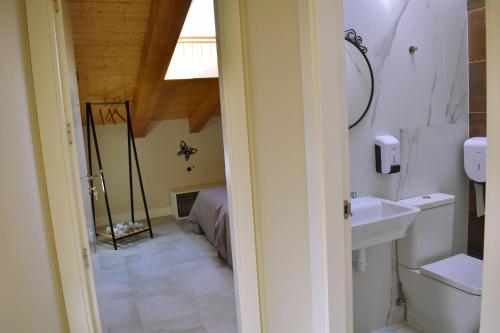 uma casa de banho com um lavatório, um WC e uma cama em ALBERGUE HOSTING DUERO em Pesquera de Duero