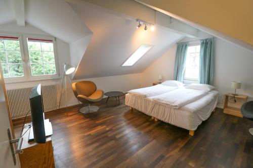 a bedroom with a bed and a flat screen tv at EMMA Bett und Bistro in Winterthur