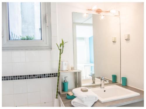 La salle de bains blanche est pourvue d'un lavabo et d'un miroir. dans l'établissement Aventure Avignonnaise - ROOFTOP TERRASSE - INTRAMUROS - CITY CENTER, à Avignon