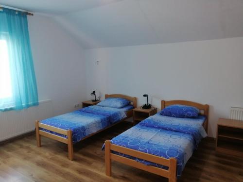 two beds in a room with blue pillows at Apartmani Popovic in Vrdnik