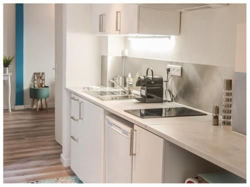 une cuisine avec des armoires blanches et un évier dans l'établissement Aventure Avignonnaise - ROOFTOP TERRASSE - INTRAMUROS - CITY CENTER, à Avignon