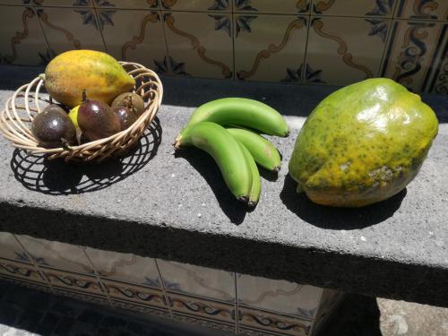 a bunch of fruit on a counter with a basket of fruit at Casa da Bungavillia in Machico
