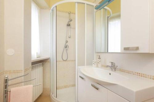 uma casa de banho com um lavatório e um chuveiro em Casa Vacanze Wellness La Rocca em Mondavio