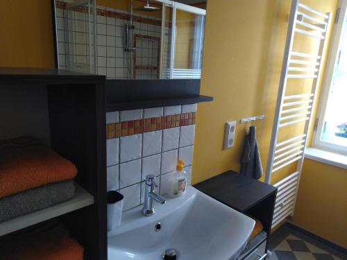 ein Bad mit einem Waschbecken und einem Spiegel in der Unterkunft Urlaub im Fachwerkhaus in Gernrode - Harz