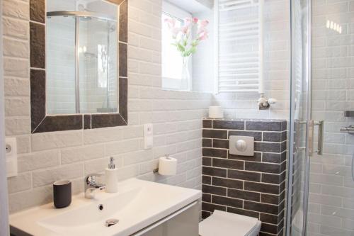 a bathroom with a sink and a toilet and a mirror at Apartamenty JustRent Szczyrk in Szczyrk
