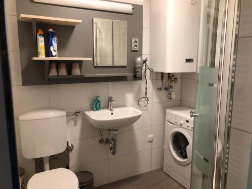 a small bathroom with a sink and a washing machine at Haus Alpenkönig Top 17 in Bad Gastein
